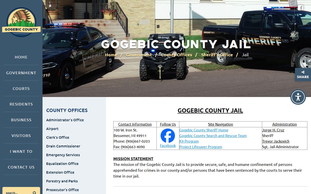 Gogebic County inmate population official jail page