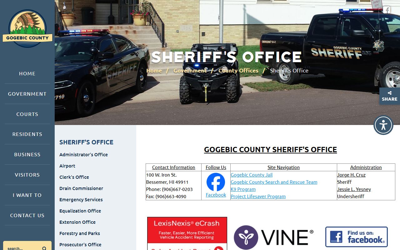 Gogebic County inmate records sheriff office contact page